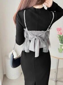 FRIFUL 女款純色長袖上衣、裙子與細肩帶背心時尚套裝 - 黑色 - 查看 6