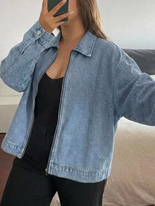 Dazy Plus Vintage Washed Denim Loose Fit Zip Front Jacket - Light Wash - View 1