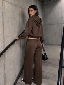 Aidyla بنطال رياضي طويل للنساء جديد للخريف/الشتاء، بتصميم أنيق مزين بحرفية الماس، بلون موحد، ساق مستقيمة، كاجوال متعدد الاستخدامات للتنقل اليومي، بخصر مطاطي - بني - مشاهدة 3