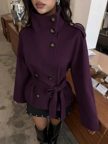 Aloruh 卡其色收腰短款風衣大衣 女款，適合秋冬穿著 - 紫色 - 查看 8