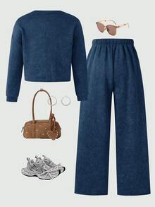SHEIN 青少年女孩運動衫套裝，復古做舊印花 2 件套，圓領長袖小馬印花短版運動衫與寬鬆長褲休閒套裝 - 藍色 - 查看 4