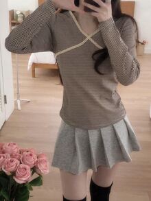 DAZY Women's V-Neck Striped Long Sleeve T-Shirt Fall - Coffee Brown - View 3