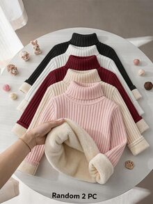 SHEIN 女童隨機 2 件組 羅紋針織高領毛衣 冬季返校長袖套頭上衣 - 彩色 - 查看 1