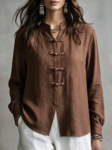 Linhara CURVE Plus Size Women's New Chinese Style Textured Fabric Top, Stand Collar, Frog Button, Lantern Sleeve, Loose Fit National Style Pullover - Brown - View 4