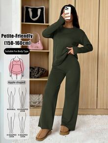 SHEIN PETITE 女款純色圓領長袖毛衣與長褲休閒常規套裝，秋冬款 - 軍綠色 - 查看 11