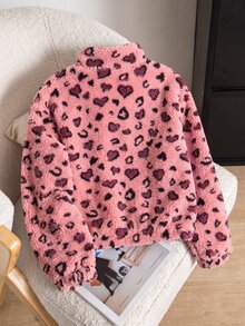 SHEIN 女童棕色白色波點抓絨夾克，復古俏皮風格，立領拉鍊短版設計，修身貼合，甜酷融合，適合多種場合，秋冬必備單品 - 粉色 - 查看 2
