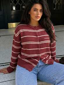 Dazy Plus Red Christmas New Year Striped Long Sleeve Korean Style Cardigan Sweater - Red - View 5