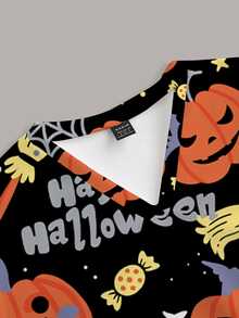 PopScrub Fun Halloween Pumpkin Letter Spider Web Ghost Candy Holiday Women's Scrub Uniform Top - Multicolor - View 4
