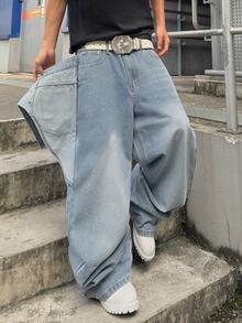 Streetwear Retro Fashion Versatile Distressed Washed Studded Patchwork Design Loose Straight Wide Leg Casual Denim Jeans (Belt And Accessories Not Included) - Light Wash - View 7