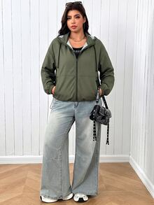 SHEIN EZwear Plus Size Women's Plaid Pattern Zip-Up Drawstring Hooded Jacket - Army Green - View 4