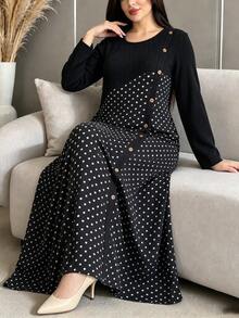 Lacomfia Knitted Loose Polka Dot Patchwork Long Sleeve Long Hem Casual Minimalist Fashion Home Daily Button Decor Black Plus Size Dress - Black - View 5