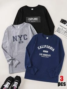 SHEIN 青少年男孩 3件組 T恤多件裝，百搭長袖衣，返校季秋冬款 - 彩色 - 查看 6