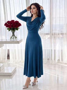Feyla Women's Solid Color Long Sleeve Draped Neck Fitted Ruffle Hem Dress - Blue - View 1