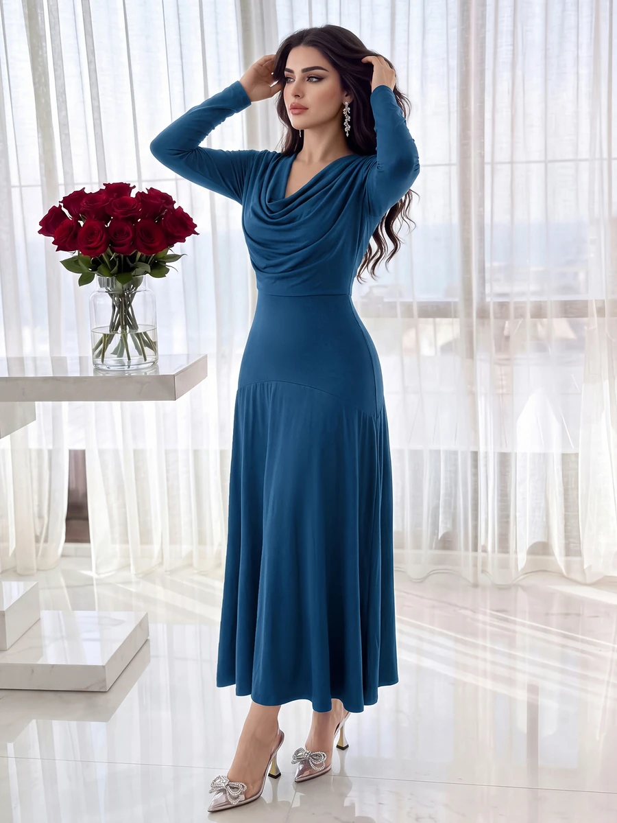 Feyla Women's Solid Color Long Sleeve Draped Neck Fitted Ruffle Hem Dress - Blue - View 1