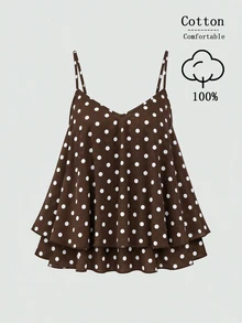 Sweetra CURVE Plus Size Woven Bamboo Brown Polka Dot Pure Cotton Double Layer Ruffle Versatile Commuter Camisole - Brown - View 1