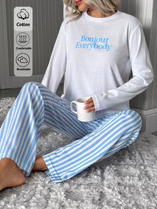 SHEIN Cotton 2pcs Women Line Print Pant And Slogan Print Top Homewear Pajama Set - Baby Blue - View 8