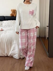 Napfluff Women's Plush Plaid Print Patch Pocket Long Sleeve Pants Loungewear Set - White - View 4