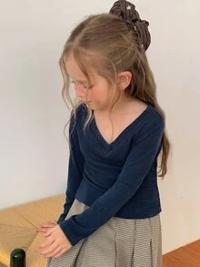 Hapijoa Young Girl) Basic Fitted Long Sleeve Autumn/Winter Inner Layer T-Shirt - Navy Blue - View 1