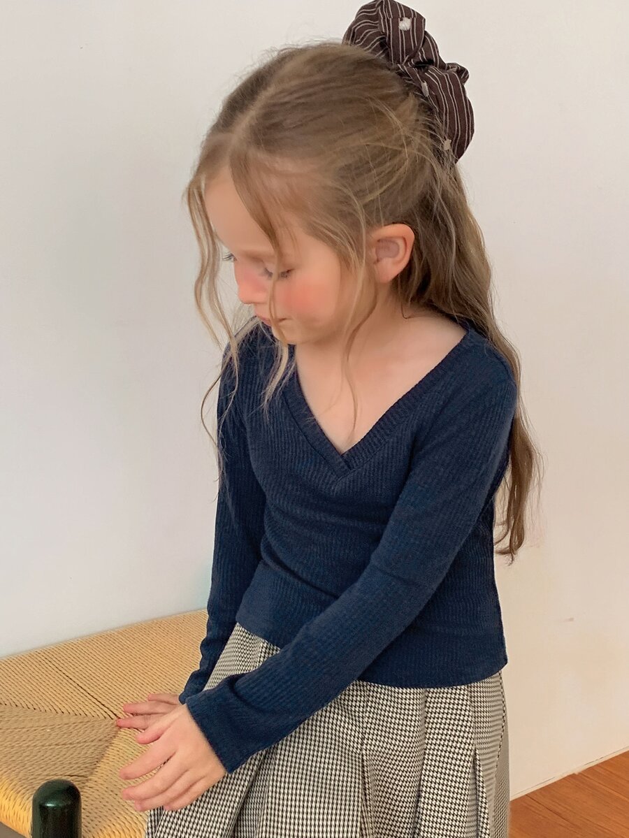 Hapijoa Young Girl) Basic Fitted Long Sleeve Autumn/Winter Inner Layer T-Shirt - Navy Blue - View 1