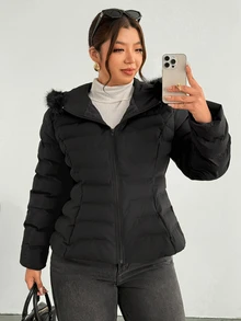 Firerie Plus Size Winter Faux Fur Hooded Jacket With Zipper And Cinching Waist - Black - View 7