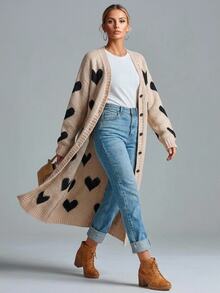 Solivie Women's Autumn/Winter Long Cardigan With Heart Contrast Color Design, Apricot Top Women Fall Winter Sweater Work Tops For Women - Apricot - View 2