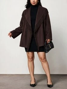 Truni Plus-Size Women's Dark Brown Wool Coat, An Elegant Autumn Commuter Style Pear Body,Triangle Body - Brown - View 5