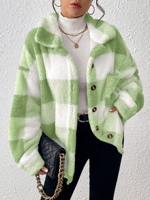 INAWLY Chaqueta de manga larga con botones delanteros y bolsillos con estampado de cuadros, talla grande, ropa de otoño/invierno para mujeres - Verde - Ver 1