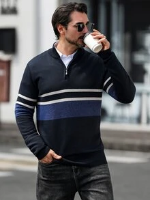 Manfinity Mode Men's Casual Patchwork Striped Knit Half-Zip Pullover Sweater - Navy Blue - View 1
