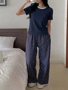DAZY 2件組花卉圖案拼色拼接女款睡衣套裝 - 藏蓝色 - 查看 5