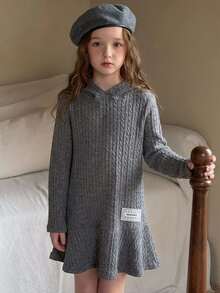 Hapijoa Young Girl) Grey Hooded Long Sleeve Knit Casual Dress - Dark Grey - View 5