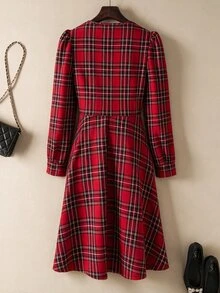Rusticease Middle-Aged Women Plaid Pattern Long Sleeve V-Neck Waist-Cinching Dress - Black - View 2