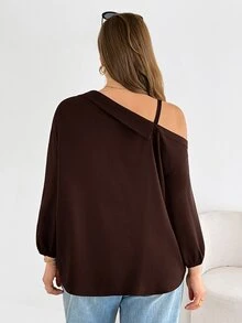 Shapeblank 大尺碼女款黑色鈕扣襯衫，秋季休閒正式辦公室上衣，春夏優雅露肩寬鬆百搭日常基礎上衣 - 棕色 - 查看 2