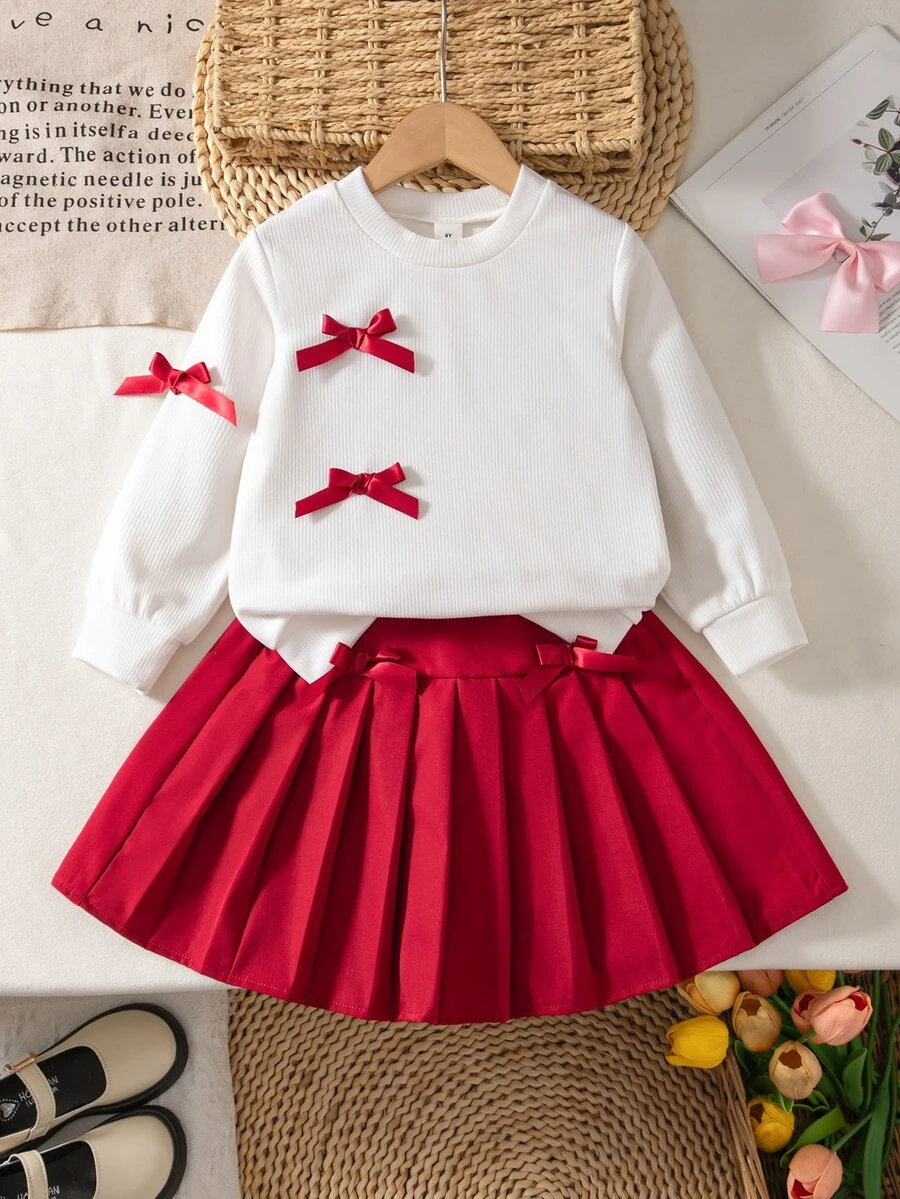 SHEIN Elladie kids Oung Girls 2件組秋季酒紅色長袖套頭衛衣搭配黑色蝴蝶結與百褶裙可愛學院風套裝秋季服飾 - 紅色 - 查看 1