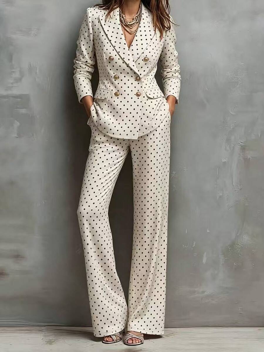 Penseblé Polka Dot Suit 2 Pieces Set, Matching Fabric Top And Bottom Design, Blending Professional Commuter Style With Retro Fashion. Suitable For Office Commute, Business Reception, And Casual Wear For Mature Women, Combining Formal And Looks. - Black and White - View 1
