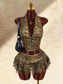 Amplova Women's Tiger Print Sexy Halter Neck Tank Top And Ruffle Hem Skirt 2 Pieces Set - Gold - View 2