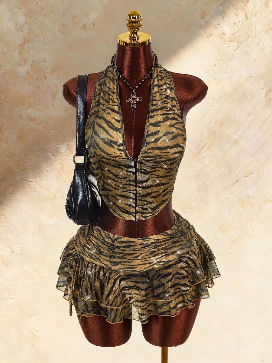Amplova Women's Tiger Print Sexy Halter Neck Tank Top And Ruffle Hem Skirt 2 Pieces Set - Gold - View 1