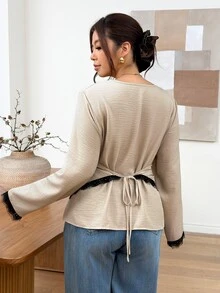 SHEIN Frenchy Plus Size French Lace Patchwork Criss-Cross Tie Blouse - Apricot - View 2
