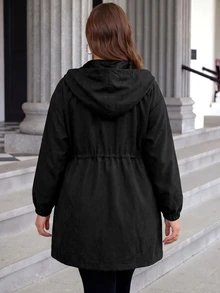 SHEIN LUNE 大尺碼純色連帽前開襟拉鍊休閒長袖夾克，秋季服飾，適合家庭度假與辦公室穿著，棕色 - 黑色 - 查看 2