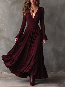 LUMIGAL Women's Autumn/Winter Long Sleeve V-Neck Flared Dress - Burgundy - View 9