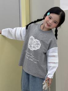 Dazy Kids 少女甜美字母印花蕾絲拼接運動衫 - 淺灰色 - 查看 8
