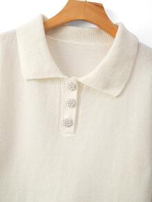 GlowEve CURVE Plus Size Women's Cream White Polo Collar Knit Sweater, Loose Soft Long Sleeve Base Layer, Half-Button Front With Pearl Floral Buttons, Commuter Slimming Flattering Solid Color Knit Top - White - View 6