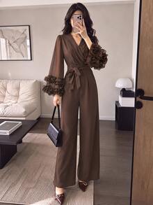 Modelyn Autumn/Winter Elegant Fashion V-Neck Cross Ruffle Long Sleeve Jumpsuit With Bow Waist Belt And Draped Wide Leg Pants For Women - Coffee Brown - View 9