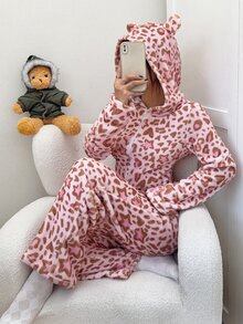 Napfluff Pink Leopard Print Star Pattern Hooded Zip-Up One-Piece Pajamas, Cozy Loungewear For Home - Pink - View 1