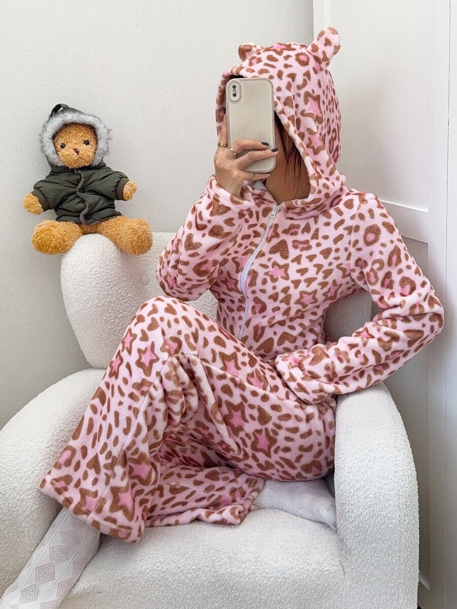 Napfluff Pink Leopard Print Star Pattern Hooded Zip-Up One-Piece Pajamas, Cozy Loungewear For Home - Pink - View 1