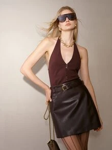 MOTF PREMIUM Rok kulit wanita yang modis dan elegan dengan hiasan ikat pinggang, cocok untuk dipakai sehari-hari. - Coklat - View 1