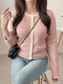 Dazy Plus Plus Size Colorblock Patchwork Korean Style Button Knit Cardigan - Pink - View 4