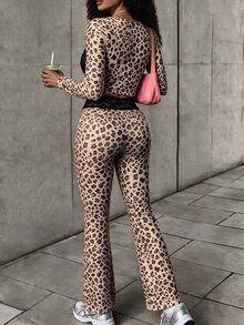 SHEIN VaVaLuxe Women's Leopard Print Lace Patchwork Short Long Sleeve Top And Skinny Pants 2 Pieces Set - Multicolor - View 2