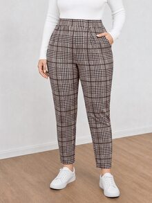 Shapeblank 大尺碼女款秋冬時尚休閒彈性舒適黑白格紋鬆緊腰錐腳長褲，秋季穿搭工作褲 - 棕色 - 查看 3