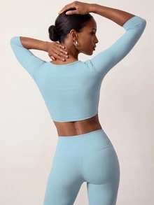 Zivah Women's Solid Color Long Sleeve Top And Pants Casual Daily Sports Set - Blue - View 9