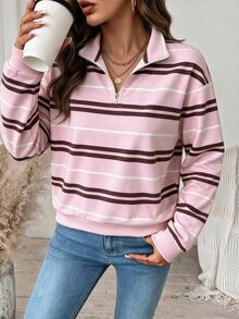 SHEIN LUNE Casual Elegant Striped Pattern Print Classic Half-Zip Sweatshirt Plus Size Women's, Suitable For Fall/, Christmas Party Formal Pink - White - View 4
